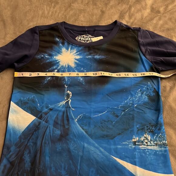 Disney Frozen Elsa Navy Blue Print Knit Top Size Medium Long Sleeves Pullover - Picture 5 of 7